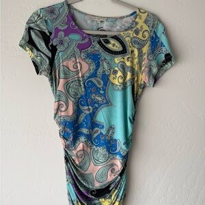 Etro Light Blue Paisley Print Short Sleeve Ruched T-Shirt sz 42